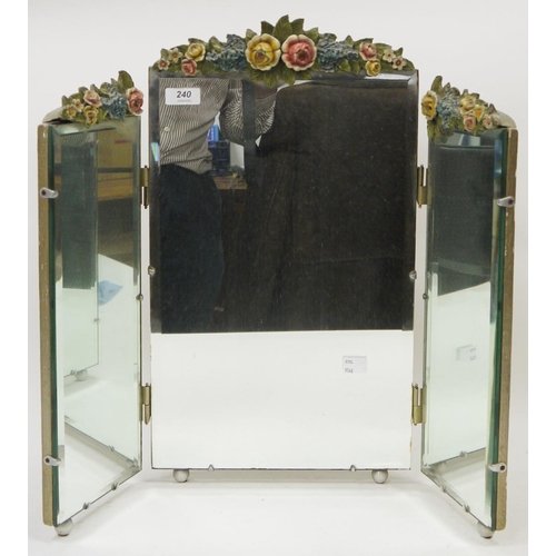 240 - Early 20th century barbola style triptych dressing mirror each section with bevelled plate and mould... 