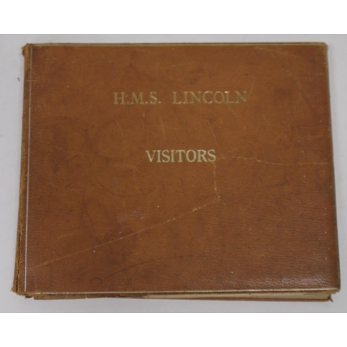 241 - Leather covered visitor's book from the frigate H.M.S. Lincoln dating 1968 to 1979 together with a c... 