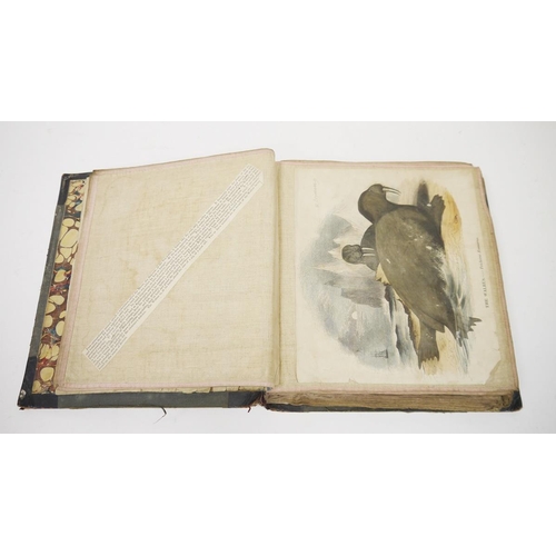 244 - 19th century scrapbook with black leather spine containing approximately 49 linen pages with scraps ... 