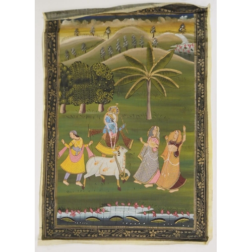 246A - Six Indian paintings on silk depicting Lord Krishna in various scenes, all set within a floral paint... 