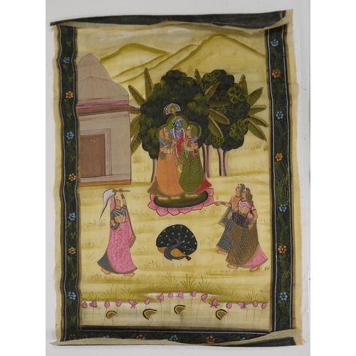 246A - Six Indian paintings on silk depicting Lord Krishna in various scenes, all set within a floral paint... 