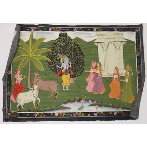 246A - Six Indian paintings on silk depicting Lord Krishna in various scenes, all set within a floral paint... 