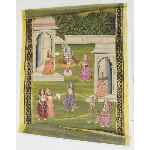 246A - Six Indian paintings on silk depicting Lord Krishna in various scenes, all set within a floral paint... 