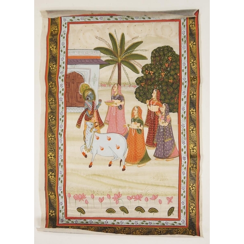 246A - Six Indian paintings on silk depicting Lord Krishna in various scenes, all set within a floral paint... 