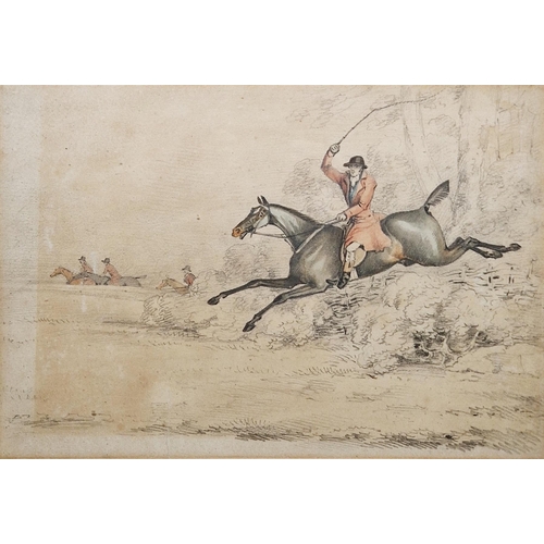 256 - Attributed to Henry Alken (1810-1894)
 Watercolour and pencil drawing
 Huntsman taking a fence, fram... 