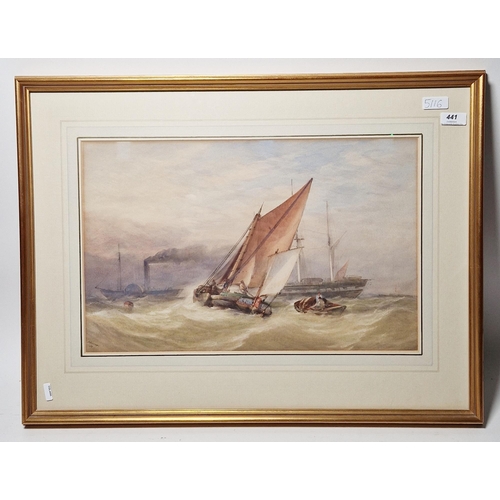 266 - Alfred Herbert (1818-1861)
 Watercolour
 Seascape with steamship towing a barque, Inscribed verso 