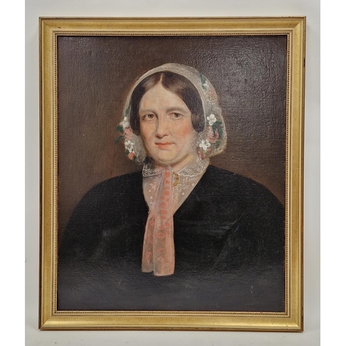 269 - 19th century school
 Oil on canvas (relined)
 Portrait of a woman wearing a floral headscarf, 61cm x... 