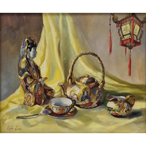 272 - Zsuzsanna Suger (Hungarian, b. 1939)
 Oil on canvas
 Still life of Oriental objects, signed lower le... 