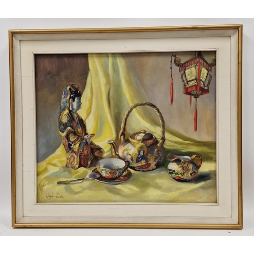 272 - Zsuzsanna Suger (Hungarian, b. 1939)
 Oil on canvas
 Still life of Oriental objects, signed lower le... 