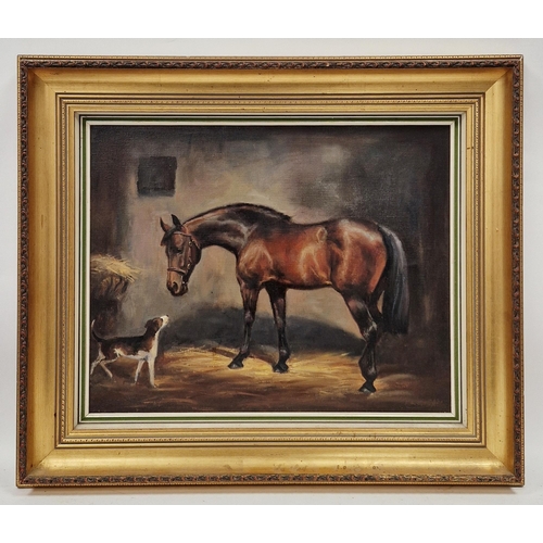 276 - Frank L Geere (1931-1991)
 Oil on canvas
 Bright bay horse with hound in stable, signed lower right,... 