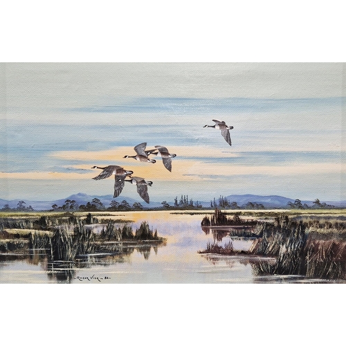 279 - Roger Vick (1938-2009)
 Oil on canvas
 Wetland landscape with geese in flight, signed and dated '88 ... 