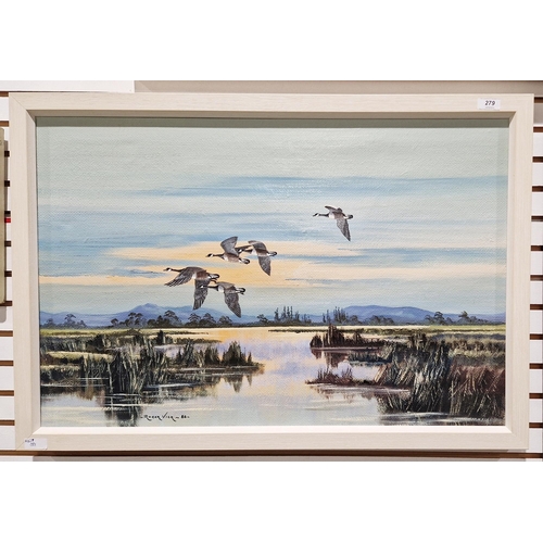 279 - Roger Vick (1938-2009)
 Oil on canvas
 Wetland landscape with geese in flight, signed and dated '88 ... 