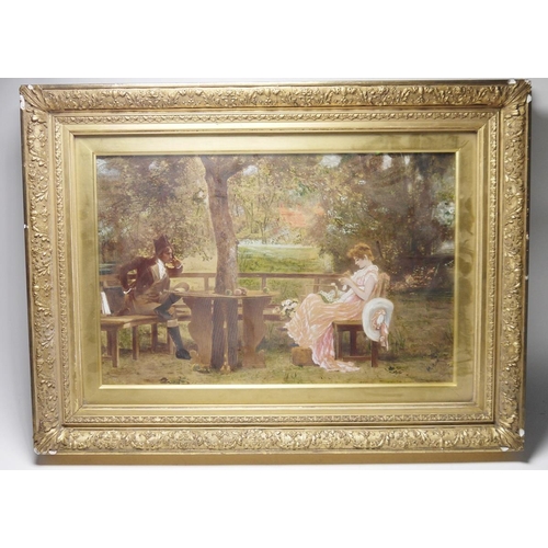 279A - After Marcus Stone
 Overpainted coloured print
 19th century couple sat under a tree in a garden, 38... 