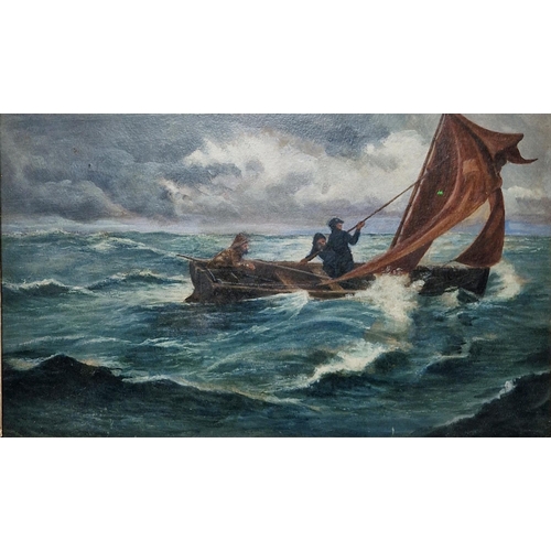 282 - 20th century school
 Oil on board
 Fisherman in choppy sea, framed and glazed, image size 21cm x 34.... 