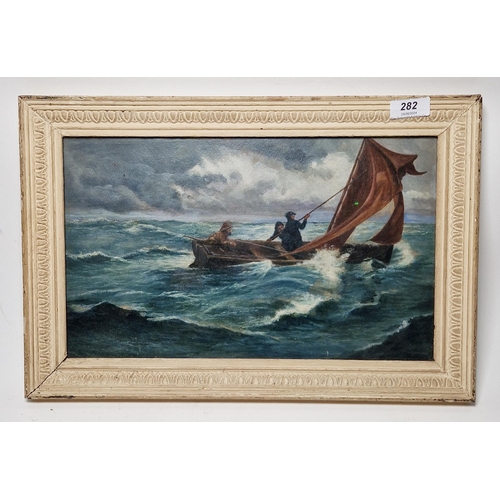 282 - 20th century school
 Oil on board
 Fisherman in choppy sea, framed and glazed, image size 21cm x 34.... 