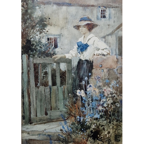 283 - LP (20th century)
 Watercolour
 Young woman standing at gate of a cottage, monogrammed lower right, ... 