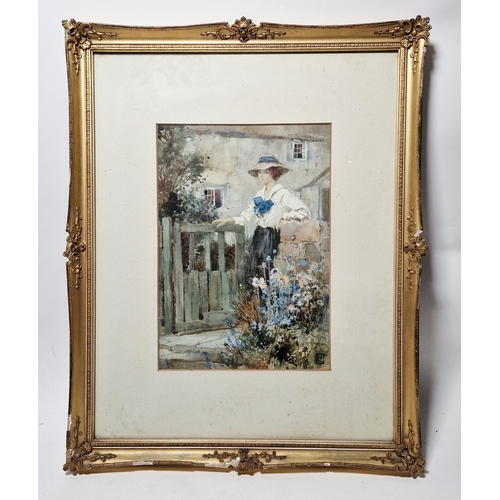 283 - LP (20th century)
 Watercolour
 Young woman standing at gate of a cottage, monogrammed lower right, ... 