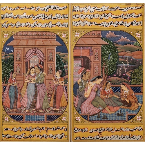 284 - Two 20th century Indian miniatures
 Gouache on paper
 Painted in the Mughal style, one with an eroti... 