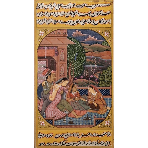 284 - Two 20th century Indian miniatures
 Gouache on paper
 Painted in the Mughal style, one with an eroti... 