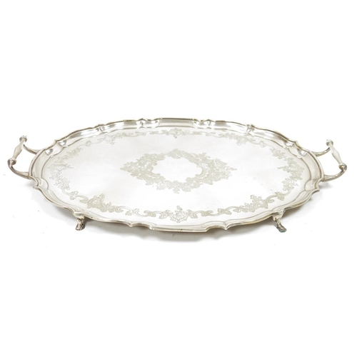 291 - Early 20th century large silver plated twin-handled tray by Mappin & Webb with engraved foliate moti... 