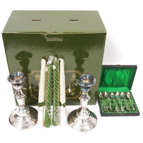 292 - Pair of silver plated candlesticks, retailed by Harrods, in original Harrods box and a set of six Ge... 