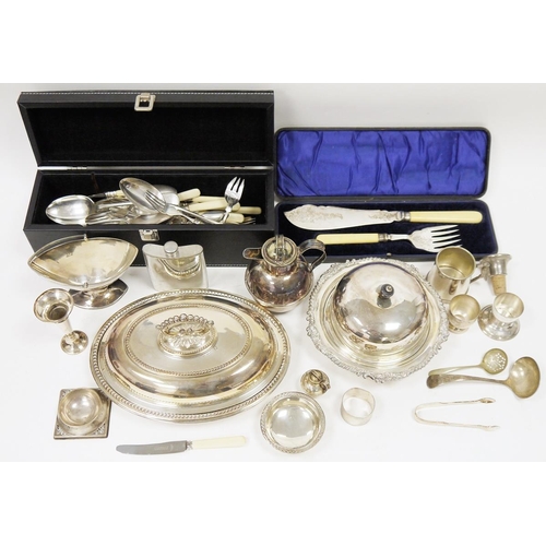 306 - Assorted silver plated wares to include a swing handled bonbon dish, serving ladle, Guerney cream li... 