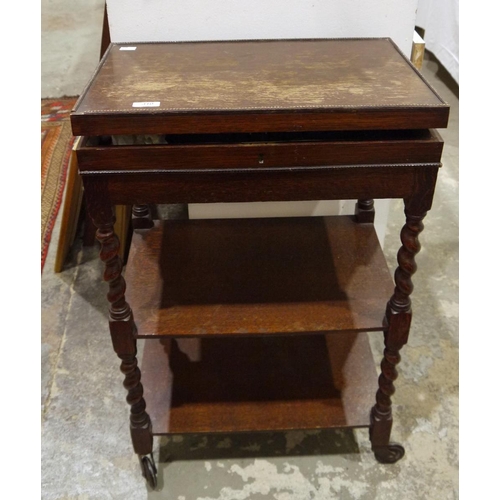 310 - Early 20th century oak canteen on stand, the canteen itself raised over two shelves, on original cas... 