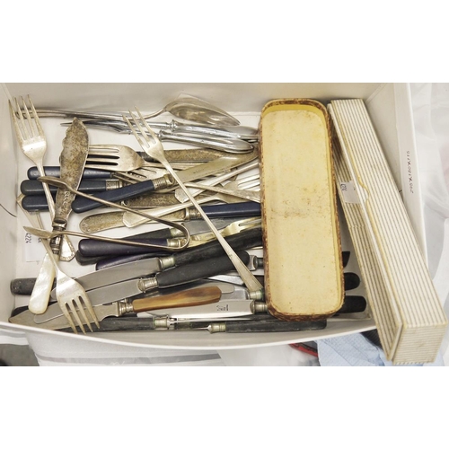 311 - Cased set of silver plated butter knives and an assortment of other flatware, dishes, nutcracker, et... 