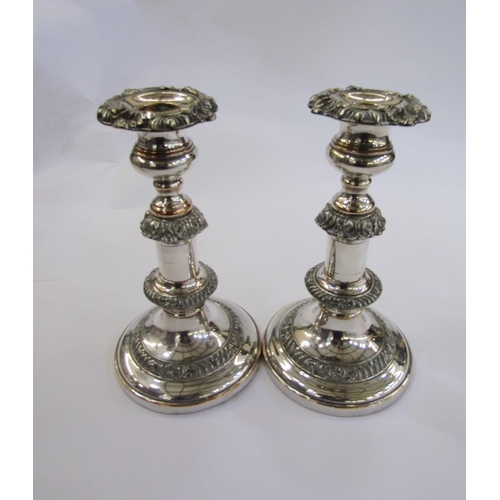 313 - Pair of Victorian silver plated on copper telescopic candlesticks each with rounded rectangular drip... 