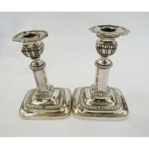 313 - Pair of Victorian silver plated on copper telescopic candlesticks each with rounded rectangular drip... 