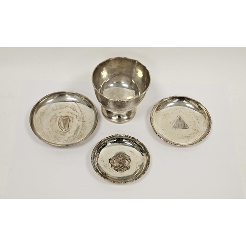 318 - Hong Kong white metal trophy, engraved and dated 1980 and three sporting commemorative small pin dis... 