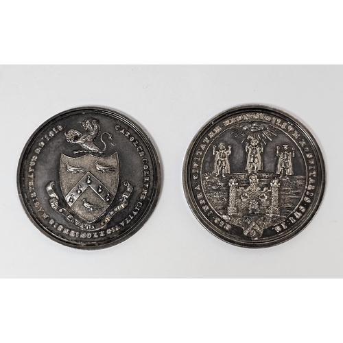 322 - Two George III silver commemorative scholastic medallions dated 1819, 4.5cm diameter and 19th centur... 