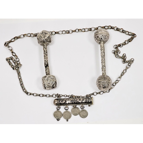 323 - Middle Eastern silver-coloured metal necklace with niello-decorated scroll holder pendant, having in... 