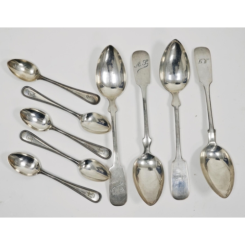 328 - Set of four white metal tablespoons, stamped 800 with a crown, fiddle pattern and engraved with init... 