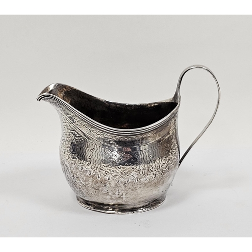 347 - George lll white metal oval cream jug of helmet form with reeded handle and bright cut decoration an... 