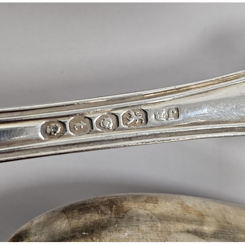 358 - Set of three George III silver serving spoons, London 1808 William Chawner, 22cm long, fiddle and th... 