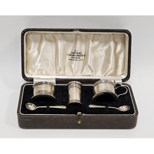 363 - Cased silver three piece cruet set, Birmingham 1940 Northern Goldsmith company, comprising salt with... 