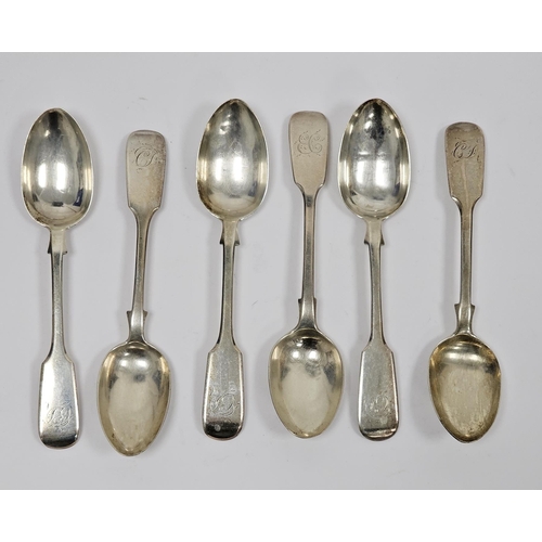 369 - Set of six Victorian silver provincial teaspoons, Exeter 1838 William Rawlings Sobey, fiddle pattern... 