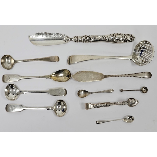 370 - Collection of silver cutlery including George IV sifting spoon 15.5cm long, Georgian salt spoon, Geo... 