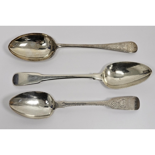 377 - Three silver tablespoons including George III table spoon, London 1809, fiddle pattern, William IV t... 