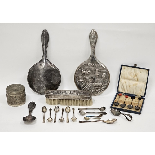 381 - Mixed lot of silver and metalware including two silver backed dressing mirror, set of six silver egg... 