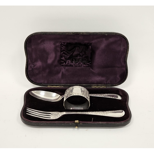 385 - Victorian silver three-piece cutlery set comprising spoon, fork and napkin ring, Sheffield 1891, Ric... 