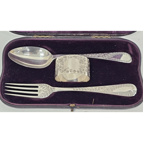 385 - Victorian silver three-piece cutlery set comprising spoon, fork and napkin ring, Sheffield 1891, Ric... 