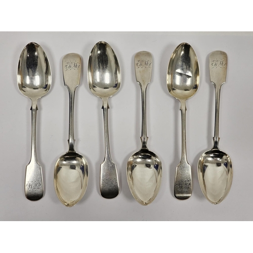 397 - Victorian set of six silver dessert spoons, Exeter 1841, William Rawlings Sobey, fiddle pattern engr... 