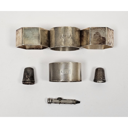 401 - Collection of silver including a pair of silver hexagonal napkin rings, Sheffield 1991, an engine-tu... 