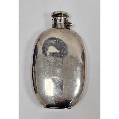 423 - Victorian Silver Hip Flask, maker mark rubbed, Birmingham 1884, the plain oval body engraved with in... 