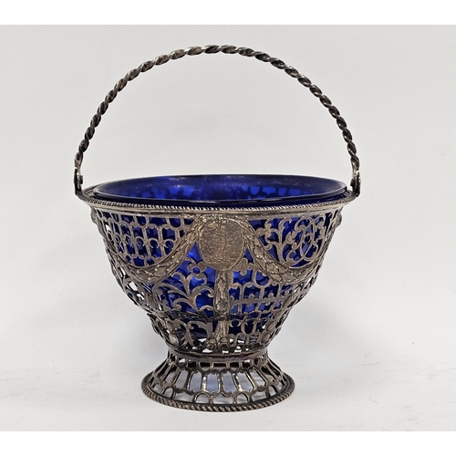 435 - Silver swing handled sugar basket with blue glass liner, indistinct hallmarks, pierced decoration, 1... 