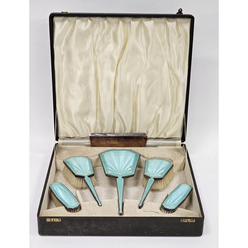 440 - Silver and turquoise green guilloche enamel five-piece dressing table set, Birmingham 1940, WI Broad... 