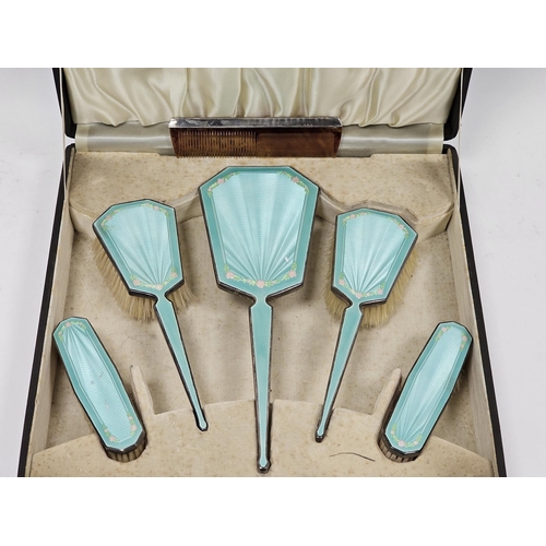 440 - Silver and turquoise green guilloche enamel five-piece dressing table set, Birmingham 1940, WI Broad... 