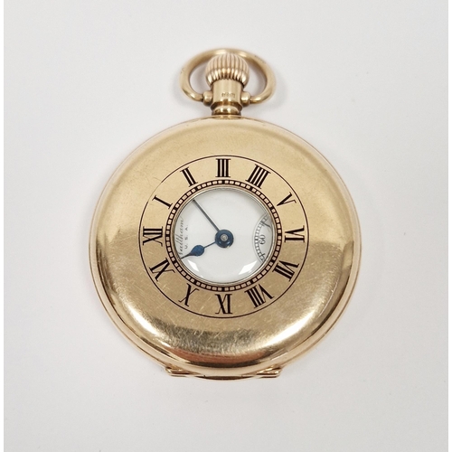 456 - 9ct gold cased Waltham half hunter pocket watch, the enamel dial with Roman numerals denoting hours,... 